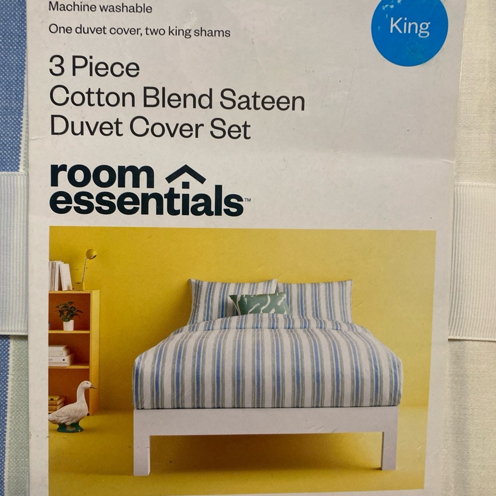 room essentials King 3-Piece Cotton Blend Sateen Duvet Cover Blue Green Stripes